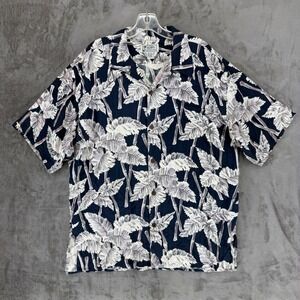 Avanti Authentic Hawaii Mens XL Silk Aloha Shirt Navy Palm Leaf Bamboo Print